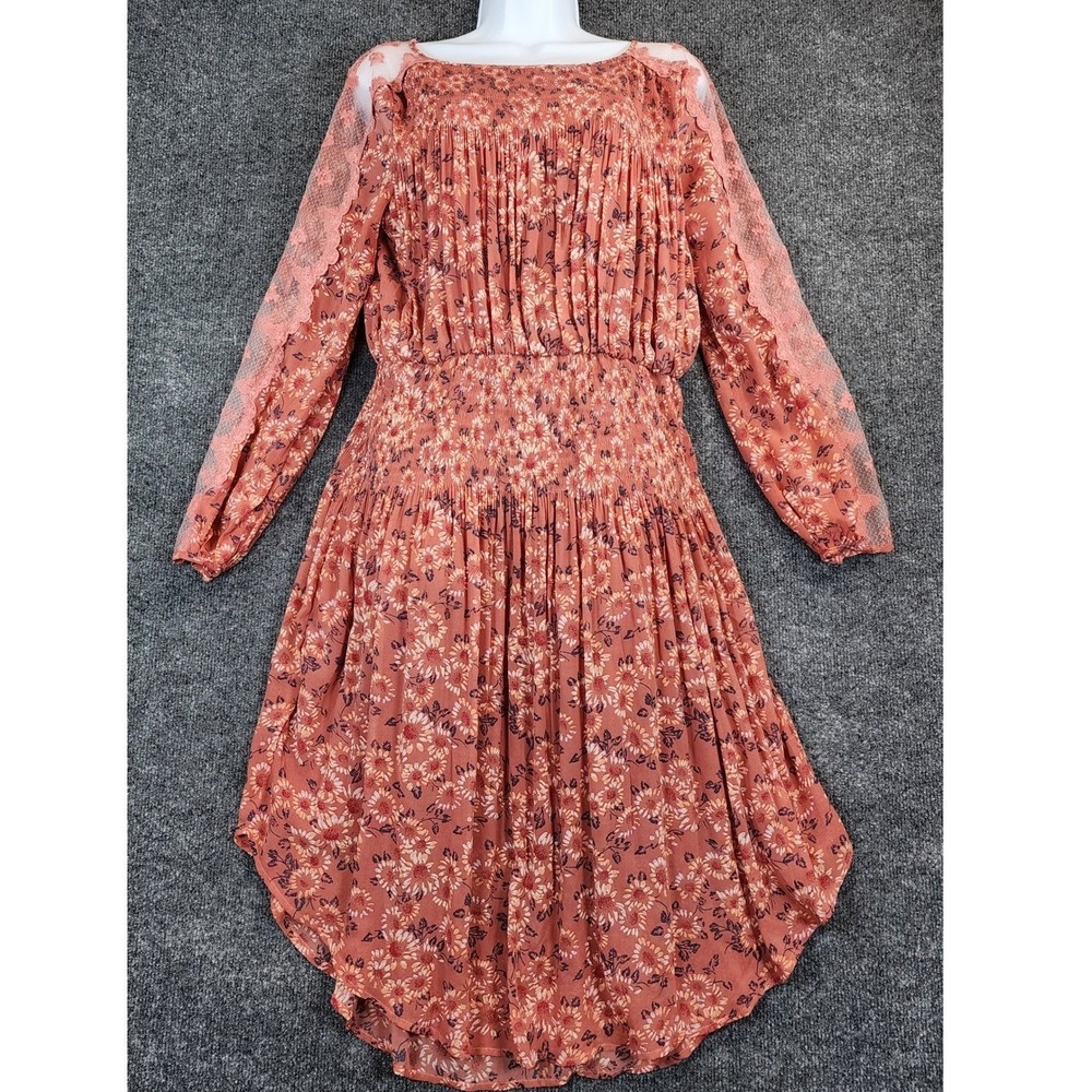 Free People Women's Boho Fairy Cottage Prairie Floral Lace Hi Low Dress Size M